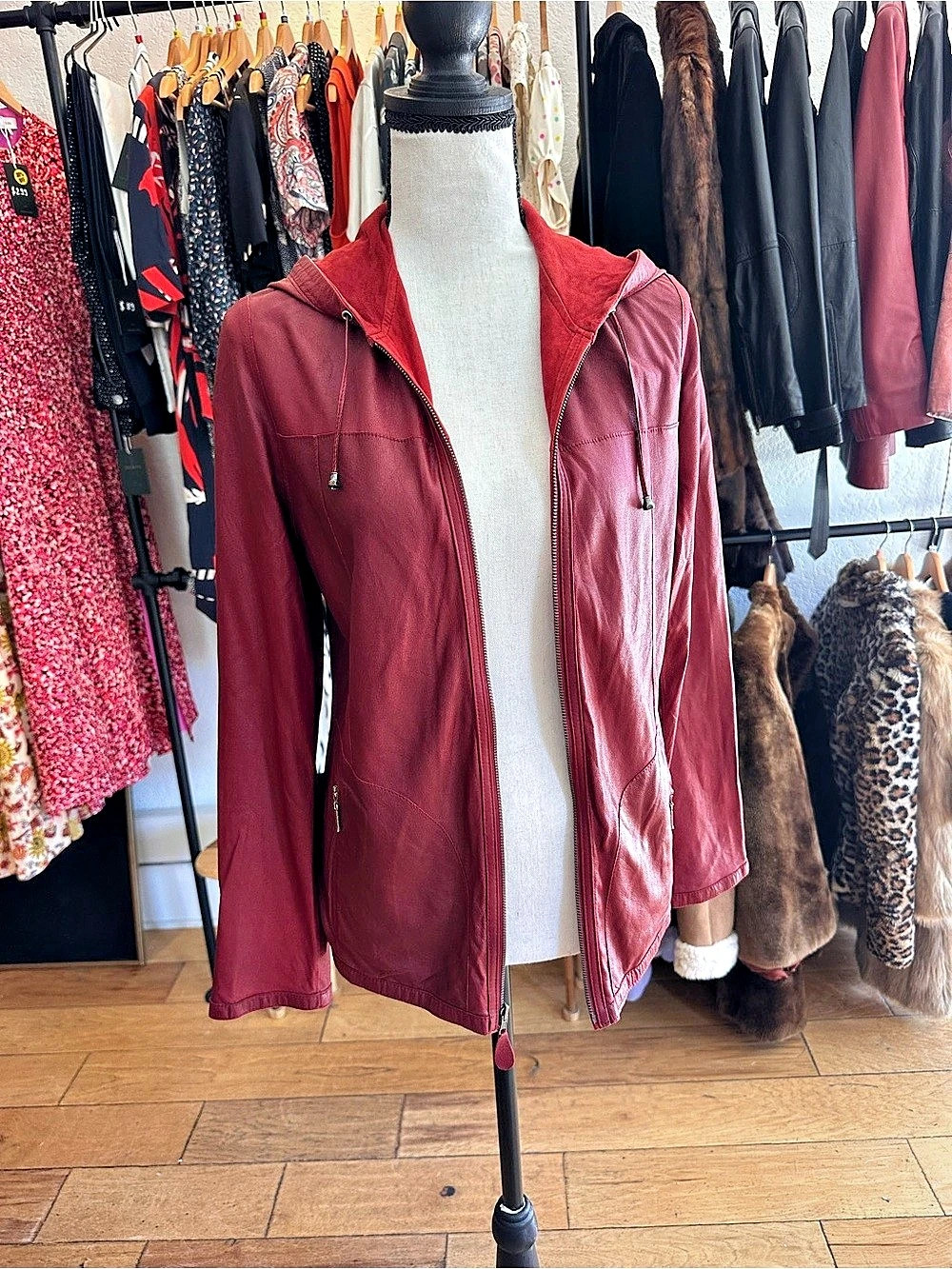 Unbranded Wine Red Leather Hooded Zip Jacket